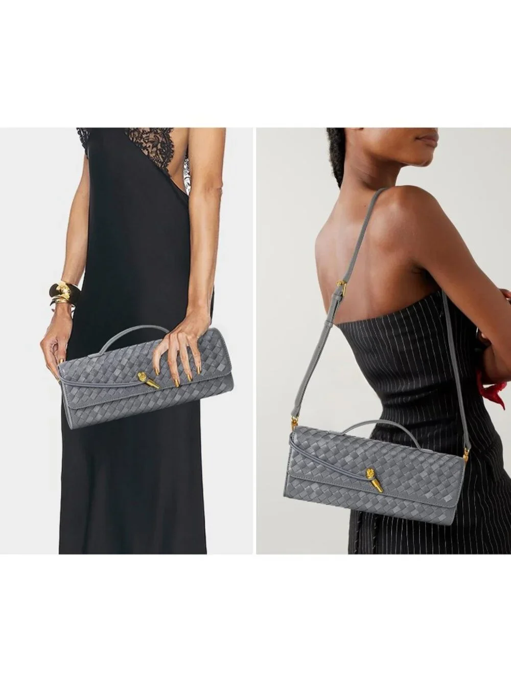 Women Slate Gray Leather Suede Woven Clutch Purse For Evening Crossbody Bag